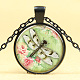 Dragonfly with Flower Pattern Flat Round Glass Pendant Necklaces NJEW-N0051-033C-03-1