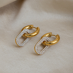 Pendientes colgantes de aro con rhinestone de acero inoxidable 304 para mujer, oval, real 18k chapado en oro, 33.8x19.6mm