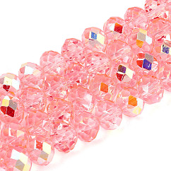 Abalorios de vidrio transparente hebras, rerondana plana, medio chapado, color de ab chapado, facetados, coral luz, 8x6.5~7mm, agujero: 1.2~1.4 mm, aproximamente 64~65 pcs / cadena, 16.34~16.54 pulgada (41.5~42 cm)