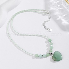Collares redondos de cuentas con colgante de corazón de aventurina verde natural de estilo bohemio para mujer., Platino, 16.14 pulgada (41 cm) ~ 18.11 pulgadas (46 cm)