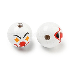 プリントウッドヨーロピアンビーズ  ピエロ模様の丸型  ホワイト  19~20mm  穴：4~5mm&nbsp;WOOD-G022-06E