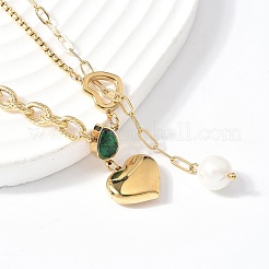Ожерелья из нержавеющей стали 304 с подвеской в форме сердца из зеленого кубического циркония для женщин&nbsp;NJEW-U040-01A-G