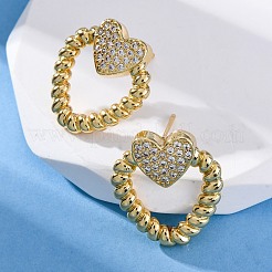 Серьги-гвоздики из латуни с микро-паве и прозрачным фианитом в форме сердца&nbsp;EJEW-R025-09G