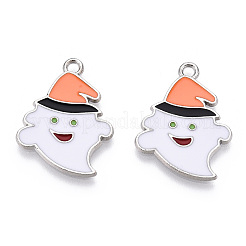 ハロウィンアロイエナメルペンダント  帽子のチャームを持った幽霊  プラチナ  25x19x1.5mm  穴：2mm&nbsp;ENAM-M055-13P