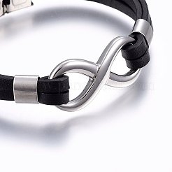 レザーコードブレスレット  201ステンレススチール留め具付き  無限大  ブラック  8-1/4インチ（21cm）  8~18x4~8mm&nbsp;BJEW-E345-04B