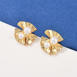 Серьги-гвоздики с цветком из латунного АБС-пластика EJEW-L275-12G-02