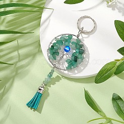 生命の木合金天然グリーンアベンチュリン＆合成ムーンストーンキーチェーン  鉄製リング付きフェイクスエードタッセルキーホルダー  15.5cm&nbsp;KEYC-JKC00987-02