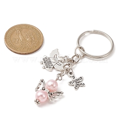 イミテーションパールアクリル＆合金エンジェルキーホルダー  チベットスタイルの合金チャームと鉄の分割キーリング付き  ミックスカラー  7.8cm  12個/セット&nbsp;KEYC-JKC00520