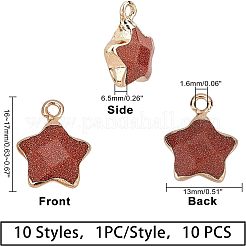 10個10スタイルの天然および合成宝石用原石のペンダント  ライトゴールドメッキエッジと真鍮製ループ付き  スター  多面カット  16~17x13x6.5mm  穴：1.6mm  1個/スタイル&nbsp;G-FH0001-29