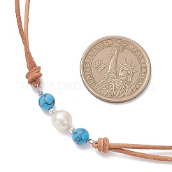 Женские ожерелья из цельной коровьей кожи с круглыми бусинами из синтетической бирюзы и натурального жемчуга&nbsp;NJEW-JN05828