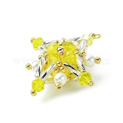 ガラスシードビーズのテトラプテラペンダント  ジャンプリングとガラスパールラウンドビーズ付き  きいろ  31x31x13mm  穴：2.5mm&nbsp;PALLOY-MZ00533-04