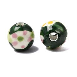 手作りの陶器ビーズ  手描き  花柄ラウンド  濃い緑  10mm  穴：2~2.5mm&nbsp;PORC-A034-02F