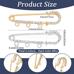 鉄製ラインストーン安全ピン 16色 2個  ブローチパーツ  プラチナ·ゴールデン  51x16.5x7.5mm  穴：2.5mm  8個/カラー&nbsp;FIND-SC0022-23B