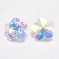 カット加工ガラスラインストーンチャーム  模造オーストリアのクリスタル  花  クリスタルAB  14x14x6mm  穴：1.5mm&nbsp;RGLA-F055-14x14-001AB
