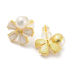 Orecchini a bottone a fiore con zirconi cubici e perla naturale&nbsp;EJEW-020-08G
