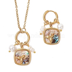 Collana con ciondolo in conchiglia di abalone e orecchini a cerchio con perla di conchiglia e perle naturali d'acqua dolce&nbsp;SJEW-JS01379-02