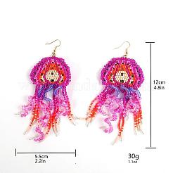 ボヘミアンスタイルのガラスシードビーズダングルイヤリング  クラゲ  ショッキングピンク  55x12mm&nbsp;FS-WG15E1C-01