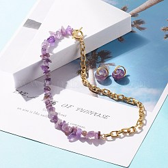 天然アメジストチップビーズジュエリーセット  女性のための宝石用原石のビーズのネックレスとドロップハギーフープピアス  ライトゴールド  16.73インチ（42.5cm）  20mm  ピン：1mm&nbsp;SJEW-JS01223-01