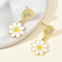 真鍮 マイクロ パヴェ キュービックジルコニア ダングル スタッド イヤリング 女性用  ティアドロップの花  エナメル  ラックめっき  長持ちメッキ  鉛フリー＆カドミウムフリー  18KGP本金メッキ  27.5x12.5mm&nbsp;EJEW-A167-28G