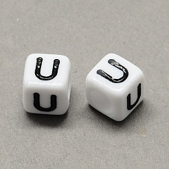 大穴アクリル文字ヨーロピアンビーズ  水平穴  ホワイト＆ブラック  文字付きのキューブ  文字.u  8x8x8mm  穴：4mm  約1144個/500g&nbsp;SACR-Q103-8mm-01U
