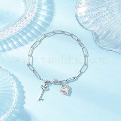304ステンレススチールペーパークリップチェーンチャームブレスレット2個、女性用  ハート＆キー＆フラットラウンド  亜鉛合金カニカン付き  ステンレス鋼色  7-7/8インチ（20cm）&nbsp;BJEW-JB11950