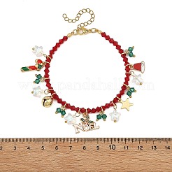 合金エナメルクリスマスハットヒイラギの葉チャーム、K9ガラスファセットバイコーンビーズブレスレット  ゴールドカラー  レッド  7.09インチ（18cm）&nbsp;BJEW-TA00764