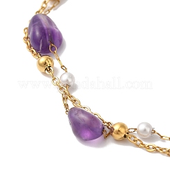 Многорядные браслеты самородки с натуральным аметистом и искусственным жемчугом BJEW-P326-02B-G