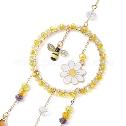 Кольцо с подвеской в форме пчелы из сплава с цветком и стеклянными бусинами&nbsp;HJEW-TA00240