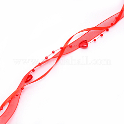 プラスチックビーズトリム  ポリエステルリボン付き  ハート  レッド  3mm&nbsp;OCOR-WH0057-29