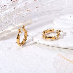 キュービックジルコニア付きシェルパールフープピアス  430ステンレススチール製ハーフフープピアス（女性用）  ゴールドカラー  25x4mm  ピン：1mm&nbsp;JE954A