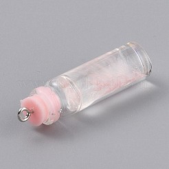 透明なガラス瓶のペンダントデコレーション  内側にフェザーとプラスチックストッパー付き  ピンク  41x11mm  穴：2mm&nbsp;EGLA-B002-01B