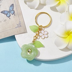 花のアクリル天然石風ペンダントキーホルダー  合金エナメルチャームと鉄分割キーリング付き  淡緑色  8cm&nbsp;KEYC-JKC00692-04