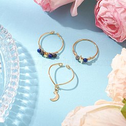 銅線で包まれた天然ラピスラズリのファセットラウンドビーズ指輪、女性用3個  ゴールドカラー  星と稲妻と月  4~15mm  内径：18~19mm&nbsp;RJEW-JR00887-05