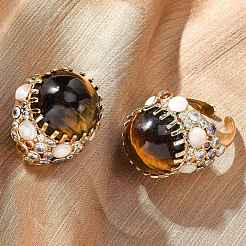 Полукруглые кольца-манжеты из натурального тигрового глаза с кубическим цирконием&nbsp;RJEW-M076-01G-03