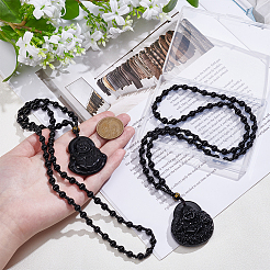 2 stücke 2 arten natürliche obsidian buddha anhänger perlen halsketten&nbsp;NJEW-UN0001-91