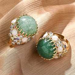 Полукруглые кольца-манжеты из натурального зеленого авантюрина с кубическим цирконием RJEW-M076-01G-05