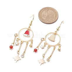 真鍮製ダングルピアス  クリスマスベル合金エナメルチャームと天然カーネリアンと真鍮の留め具付き女性用  ゴールドカラー  71x24mm&nbsp;EJEW-TA00454