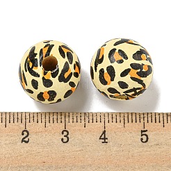 プリントウッドヨーロピアンビーズ  ヒョウ柄のラウンド  レモンシフォン  15.5~16mm  穴：4~4.5mm&nbsp;WOOD-G022-12D