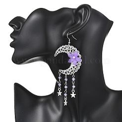 2 пара серег-подвесок из сплава и железа в форме луны с цветком EJEW-JE06766