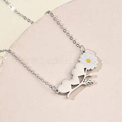 304ステンレススチール製、エナメル加工の白いデイジーの花とハートのペンダントが付いたアズキチェーンネックレス（女性用）  ステンレス鋼色  18.11インチ（46cm）&nbsp;NJEW-K309-01P