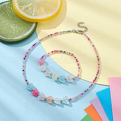アクリルハート＆シードビーズネックレス＆ストレッチブレスレット  子供のためのジュエリーセット  カラフル  14インチ（35.6cm）  内径2インチ（5cm）&nbsp;SJEW-JS01280