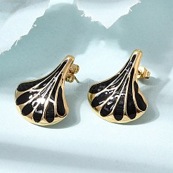 女性のための真鍮のスタッドピアス  エナメル  シェル形状  ラックめっき  長持ちメッキ  鉛フリー＆カドミウムフリー  18KGP本金メッキ  ブラック  26x22mm&nbsp;KK-CBA9D38-01G-01