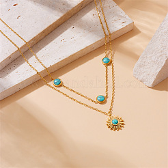 Collana a doppio strato con ciondolo a forma di sole in acciaio inossidabile 304 e turchese sintetico per donna&nbsp;WG3B16F-01
