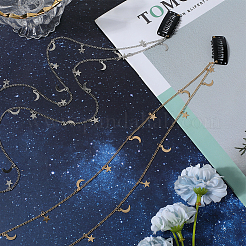 2 шт. двухцветная металлическая цепочка для волос с подвесками в виде луны и звезд и железными заколками-гребнями для волос&nbsp;OHAR-GF0001-35