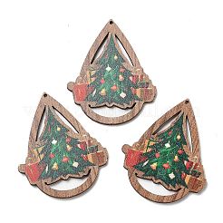 片面クリスマスプリントウッドビッグペンダント  クリスマスツリーのティアドロップチャーム  グリーン  54x44.5x2.5mm  穴：1.8mm&nbsp;WOOD-D025-35