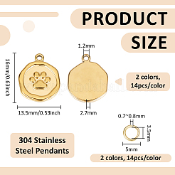 304ステンレススチールペンダント28個  フラットラウンドのチャーム  丸カン付き  足跡  16x13.5x2.7mm  穴：1.2mm  2色  14個/カラー  28pc&nbsp;STAS-BC0004-28A