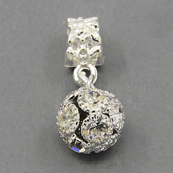 Brass Rhinestone European Dangle Charms, Grade A, with Alloy Hangers, Round, Silver and Platinum Metal Color, Crystal, 27mm, Hole: 5mm