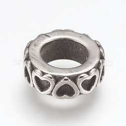 316 perles européennes chirurgicales en acier inoxydable, Perles avec un grand trou   , anneau avec coeur, argent antique, 10x3.5mm, Trou: 5.5mm