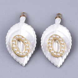 ABS Plastic Pendants, with ABS Plastic Imitation Pearl, Light Gold Plated Alloy Finding and Brass Loop, Leaf with Oval, White, 34.5x18.5x5.5mm, Hole: 1.6mm