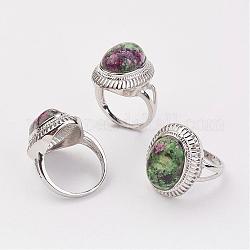 Rubí natural en anillos de dedo zoisita, con la constatación anillo de bronce, Platino, oval, tamaño de 8, 18mm